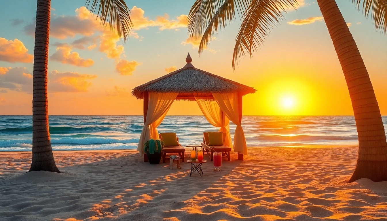 Experience the charm of a coastal cabana illuminated by sunset, with palm trees and beach chairs.