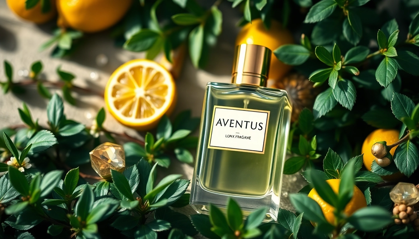 Showcasing the elegant Aventus fragrance bottle enhanced by natural elements and luxurious textures.