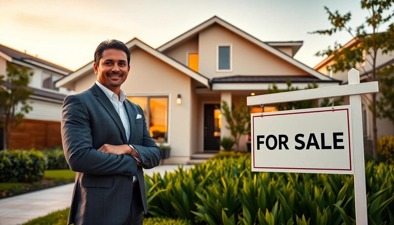 Showcasing real estate agent in front of a charming home, symbolizing real estate opportunities.