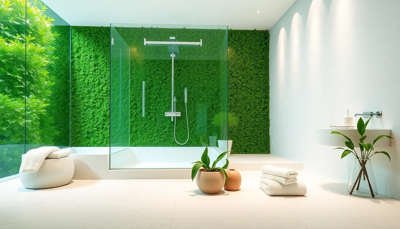 Experience elegant showers in a modern bathroom with lush greenery and bright lighting.