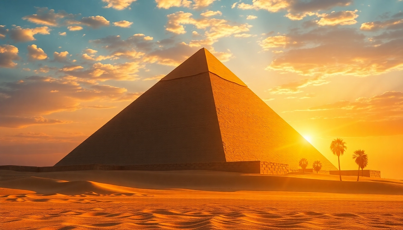 Explore the majestic piraminds of Giza under a vibrant sunset, showcasing their ancient glory.