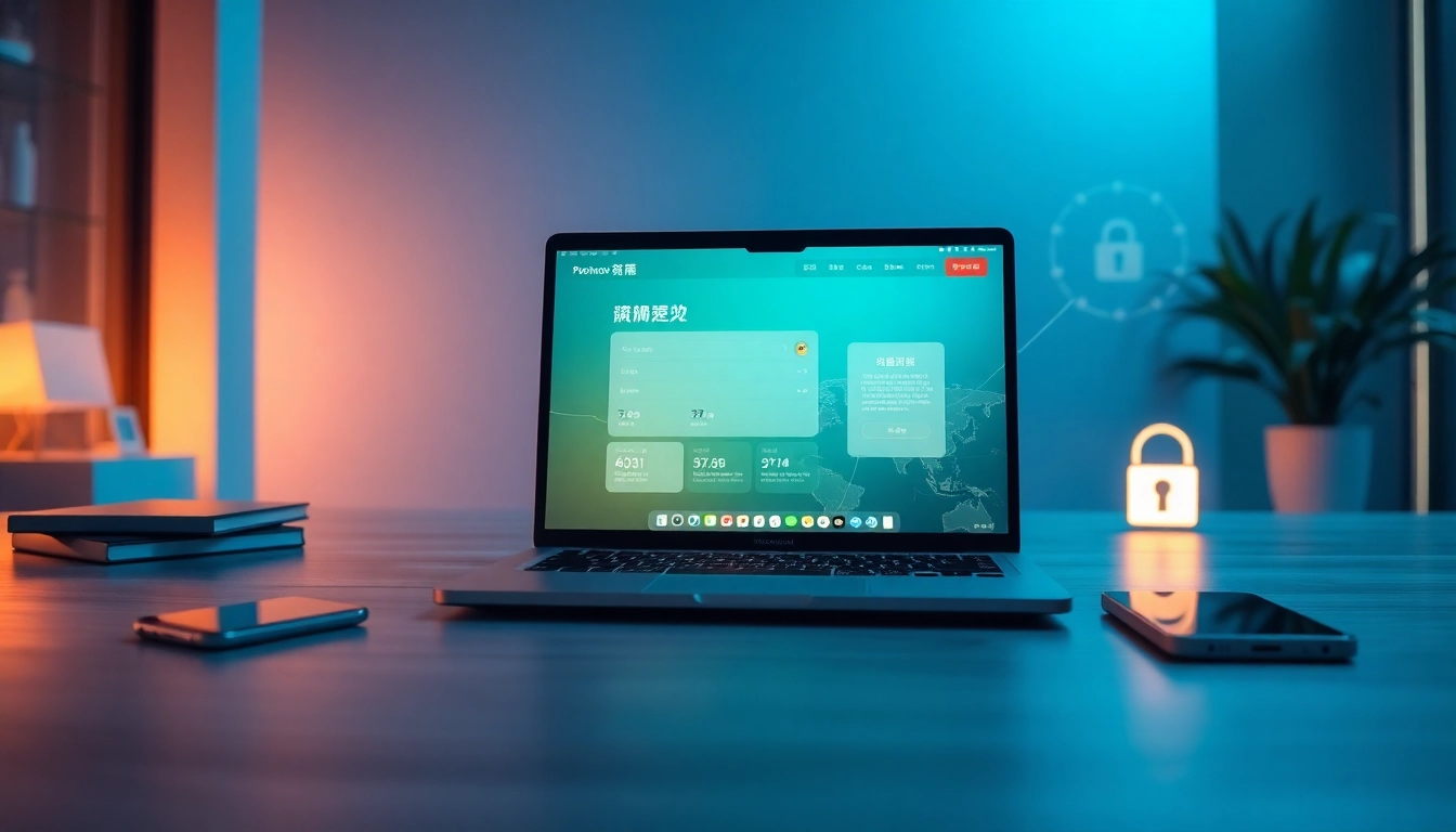 快连下载 application interface in a high-tech workspace, showcasing rapid connectivity features.