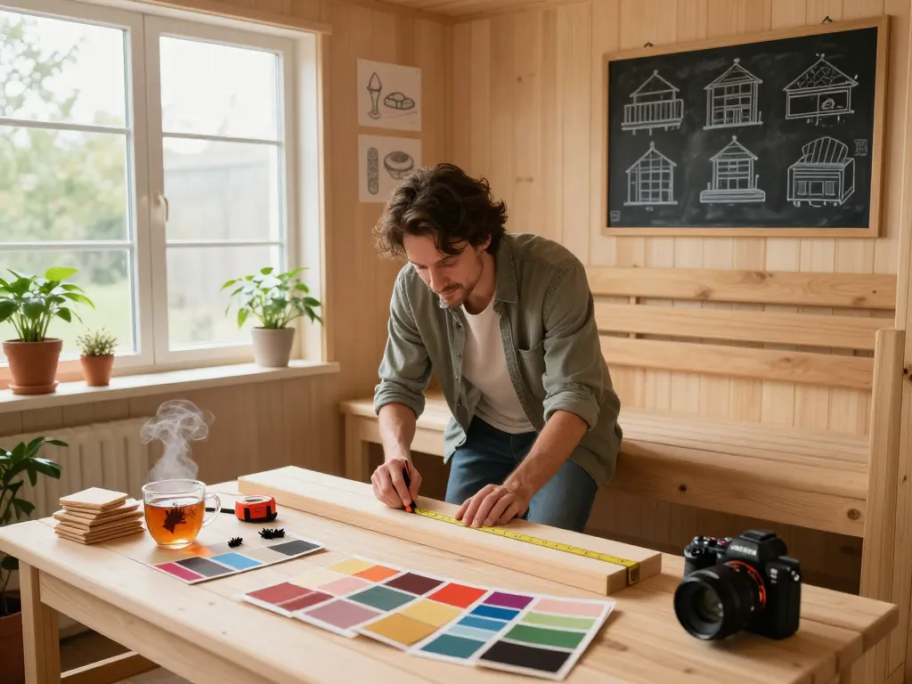 Sauna customization process in a bright workshop with wood materials, design sketches, and tools scattered around.