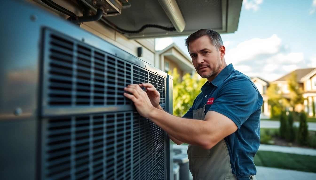 Inspecting Trane Alberta air conditioning unit in a sunny suburban setting.