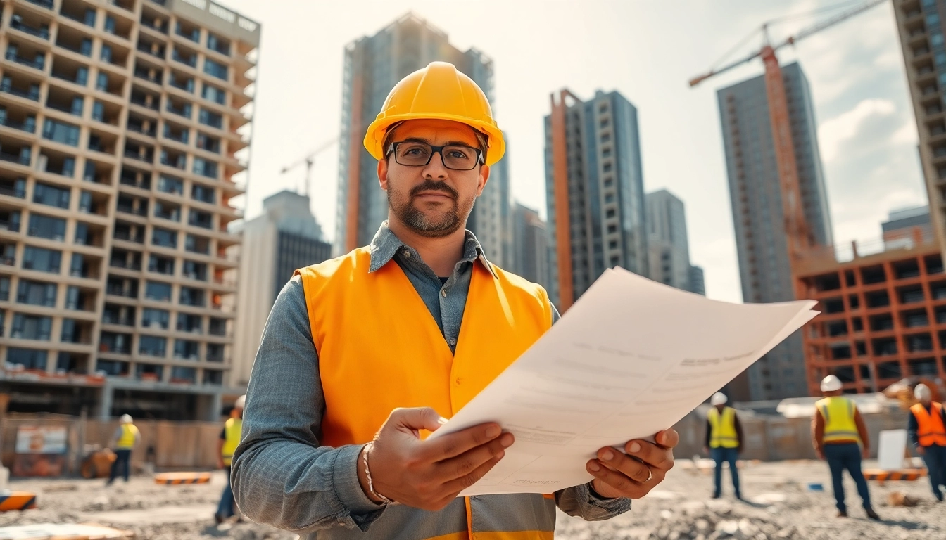 New York City Construction Manager supervises a construction project site with active workers.