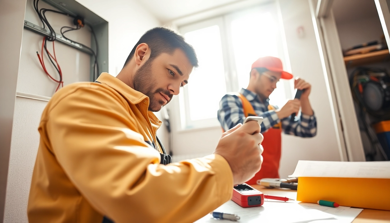 Electrician companies near me showcase professionals installing electrical panels in a home.