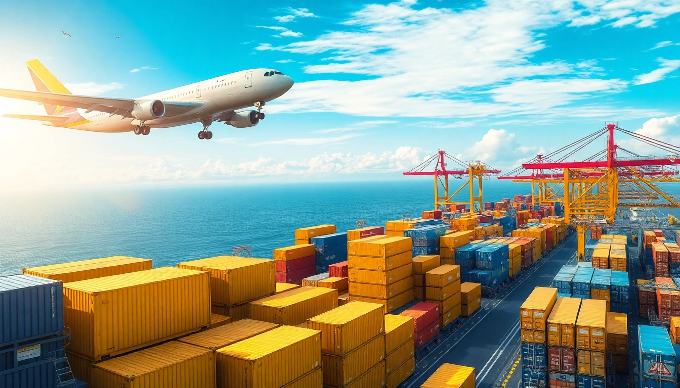 International Cargo Rates displayed at a logistics hub with cargo planes and containers.