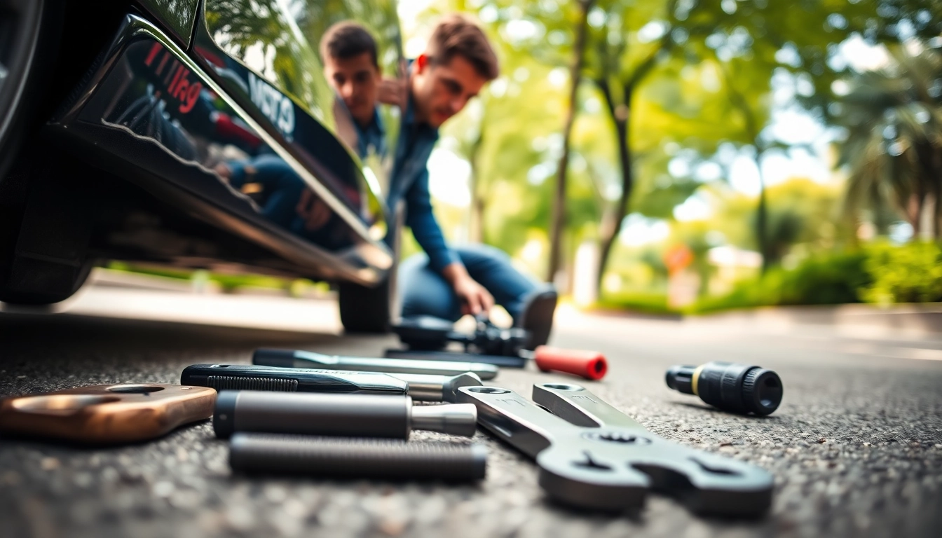 Mobile car repair technician efficiently fixing a vehicle in an urban environment.