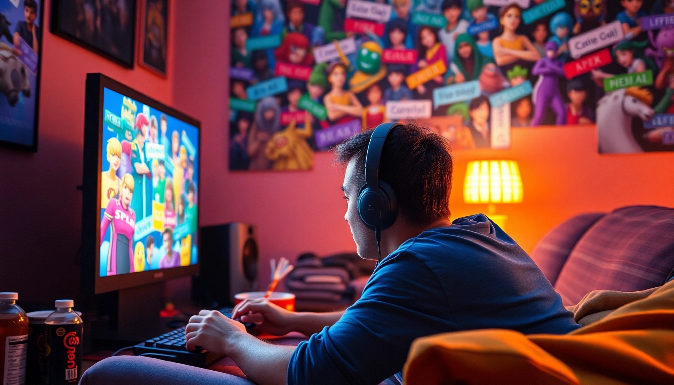 Engaged gamer playing various Games to play by yourself, surrounded by vibrant gaming elements.