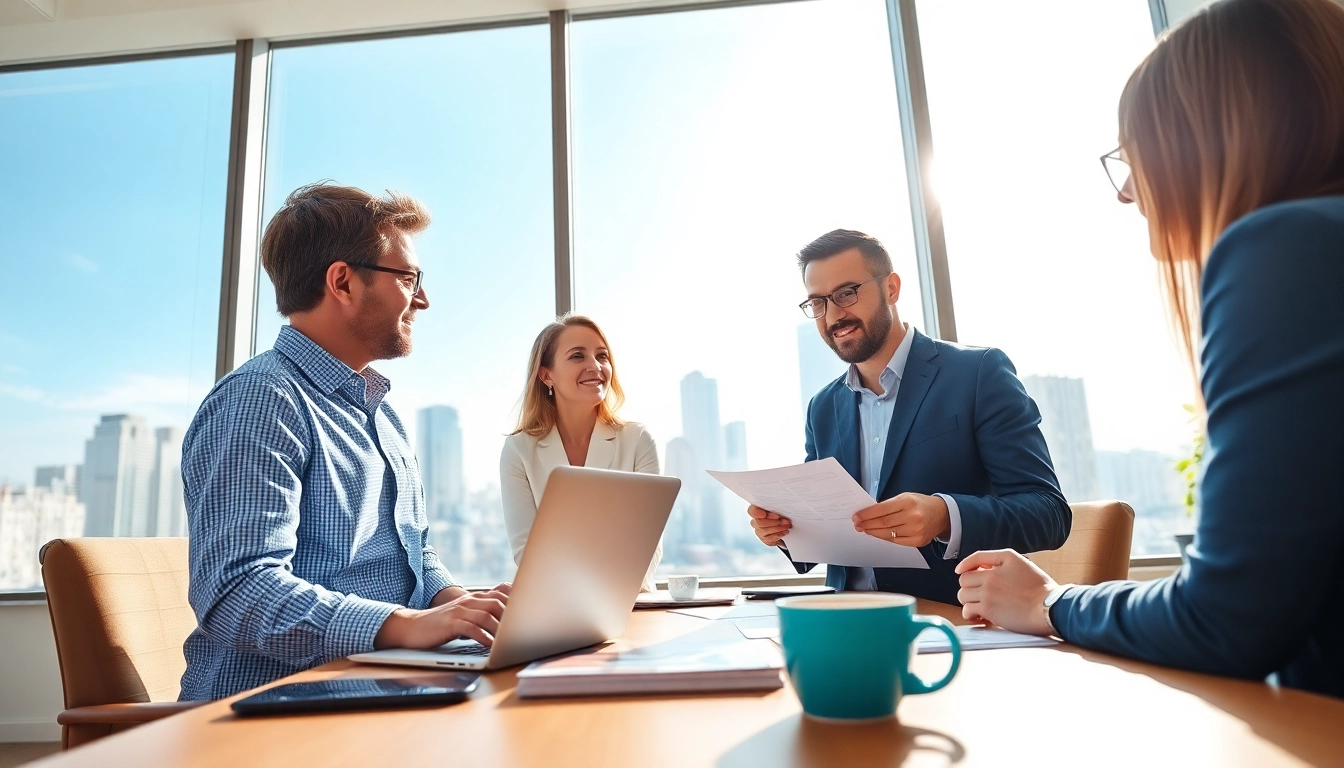 Engaging real estate agent assisting clients in a vibrant office setting during a consultation