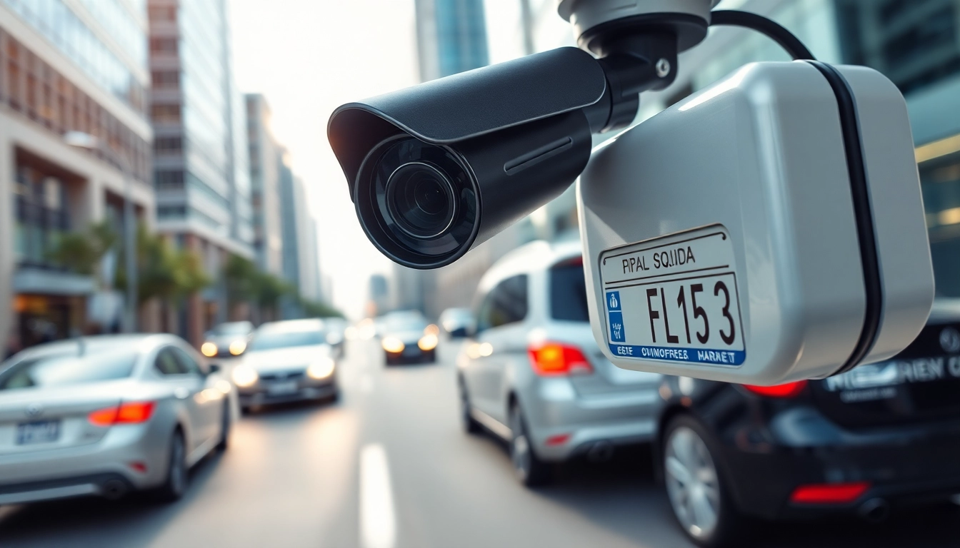 Capture of a license plate recognition camera monitoring vehicle movement in a city.
