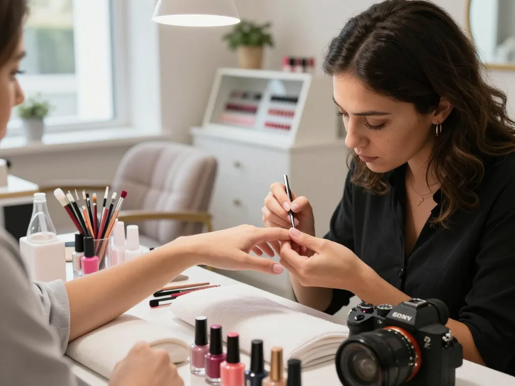 Nail technician applying bright polish during a manicure session.