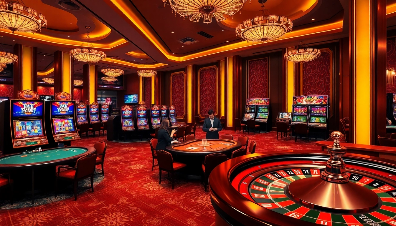 Exciting gambling scene with tai uu88 interface showcasing poker games and vibrant slot machines.