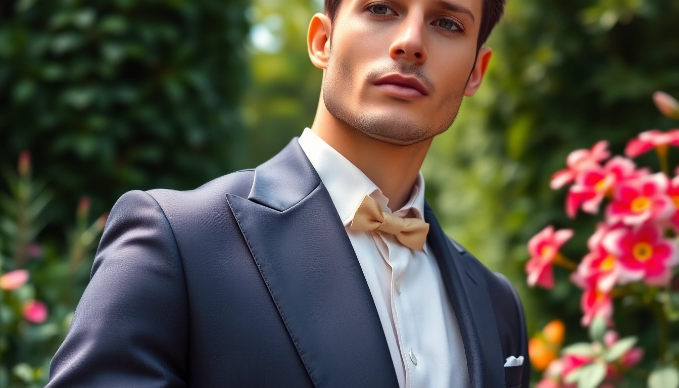 Showcasing designer menswear, a groom attired in a tailored suit amid a beautiful garden.