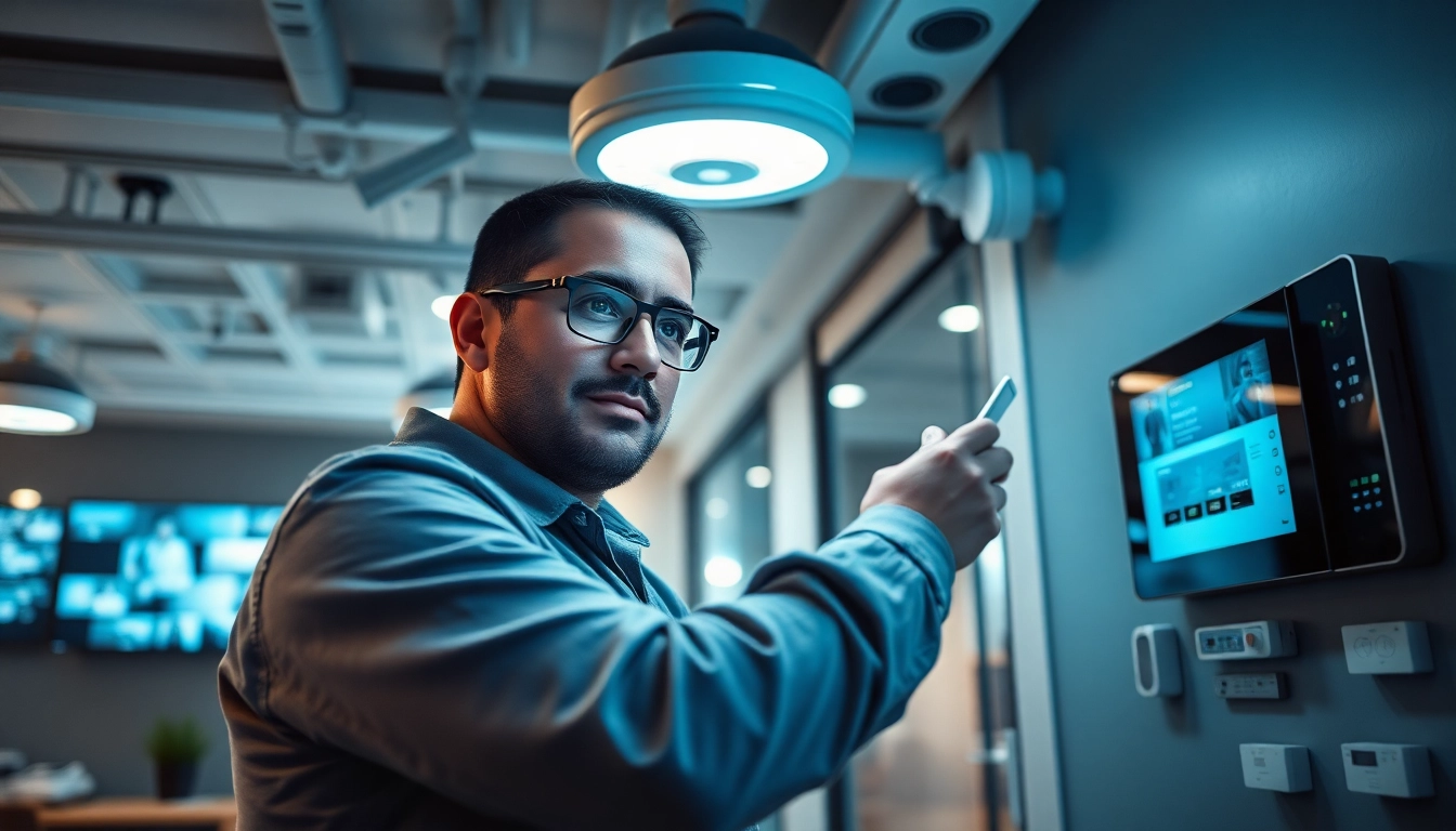 Instalación profesional de alarmas de seguridad en una oficina moderna, que muestra tecnología avanzada.