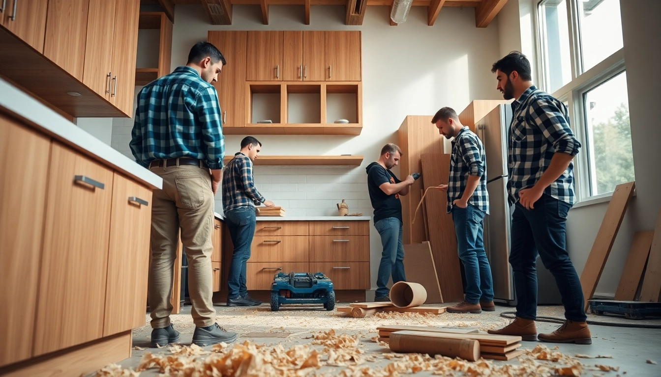 Showcasing home renovation with craftsmen engaged in a collaborative kitchen remodel.