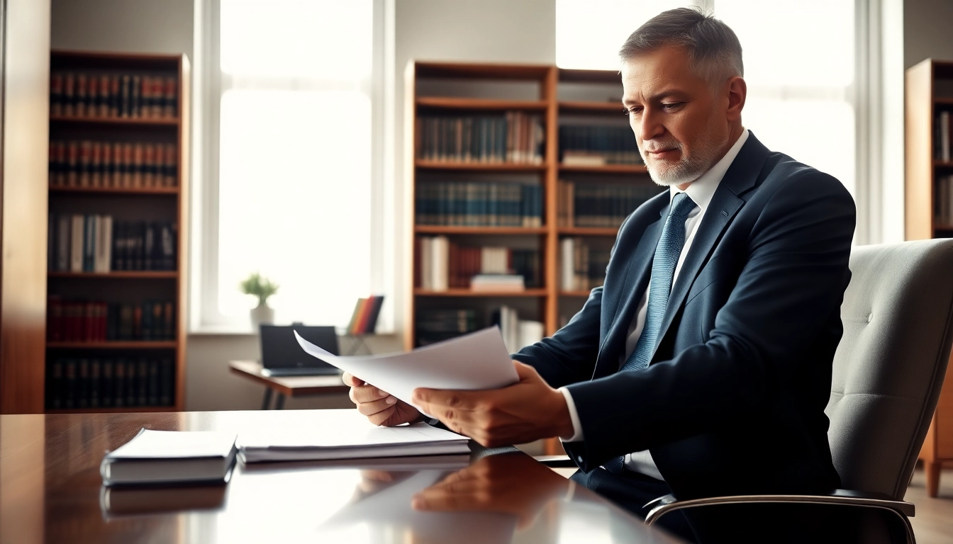 Reviewing case files by a personal injury lawyer at https://www.shiverhamilton.com in a modern office setting.