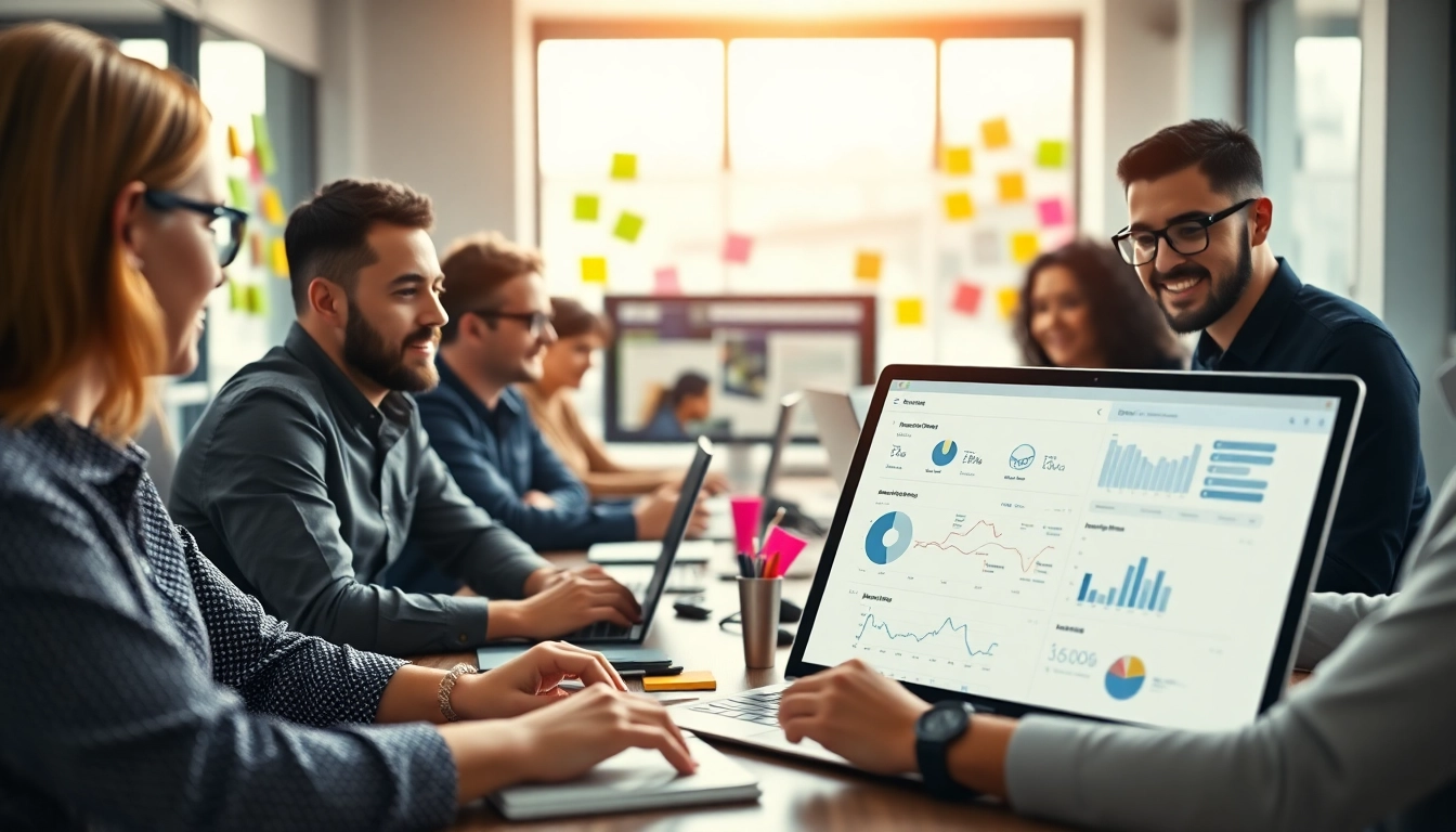 Engaging with enterprise search software in a vibrant office environment.