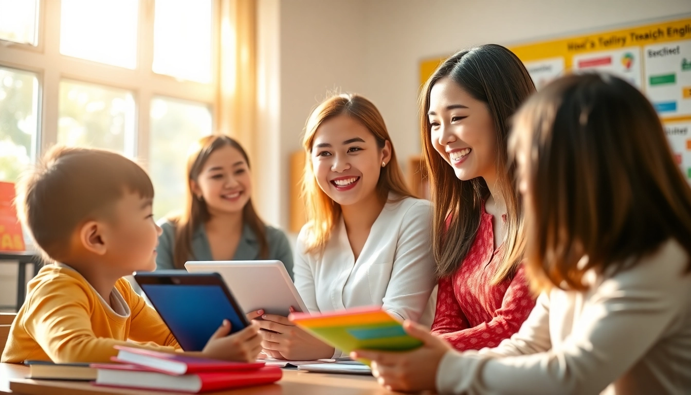 Teach English in Taiwan with engaging teachers inspiring students in a vibrant classroom.