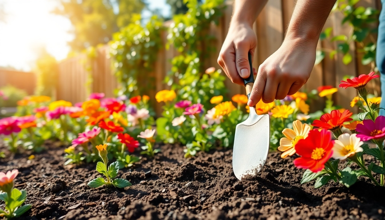 Gardening activity focusing on planting flowers with hands in vibrant garden setting.