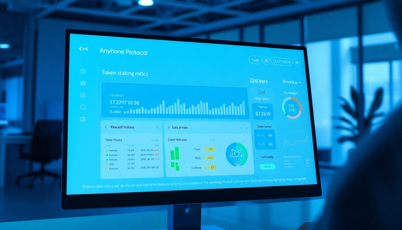 Anyone Protocol Dashboard showcasing staking metrics and privacy features in a modern digital interface.