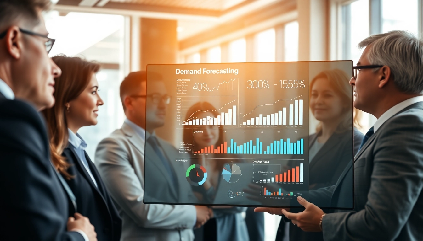 Business professionals collaborating on demand forecasting insights using advanced analytics tools.