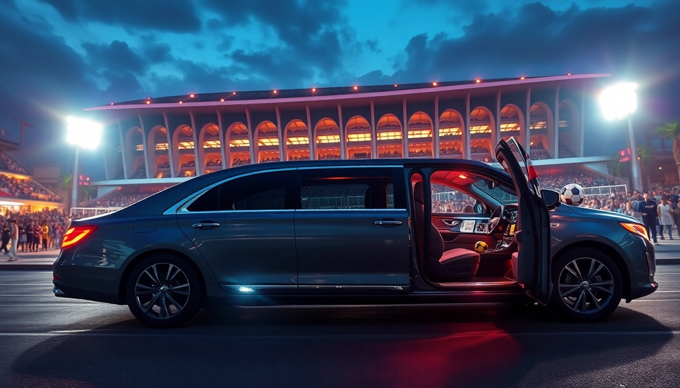 World Cup Group Transportation featuring a luxury limousine at a stadium with a vibrant crowd.