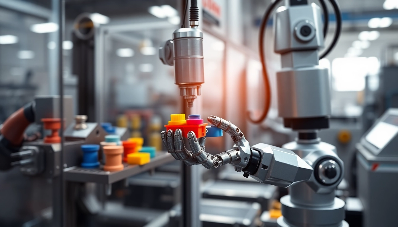 Injection Robot efficiently picking plastic parts in a modern manufacturing setup.