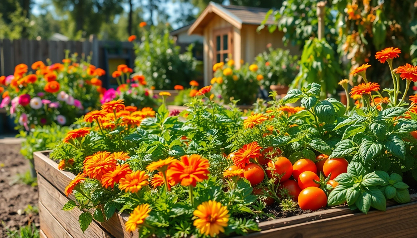 Gardening scene showcasing vibrant flowers and herbs in a sunny backyard setting.