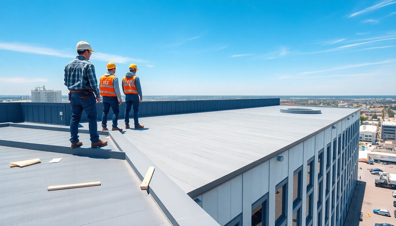 Enhancing commercial roofing services with a team installing new roofing on a business building.
