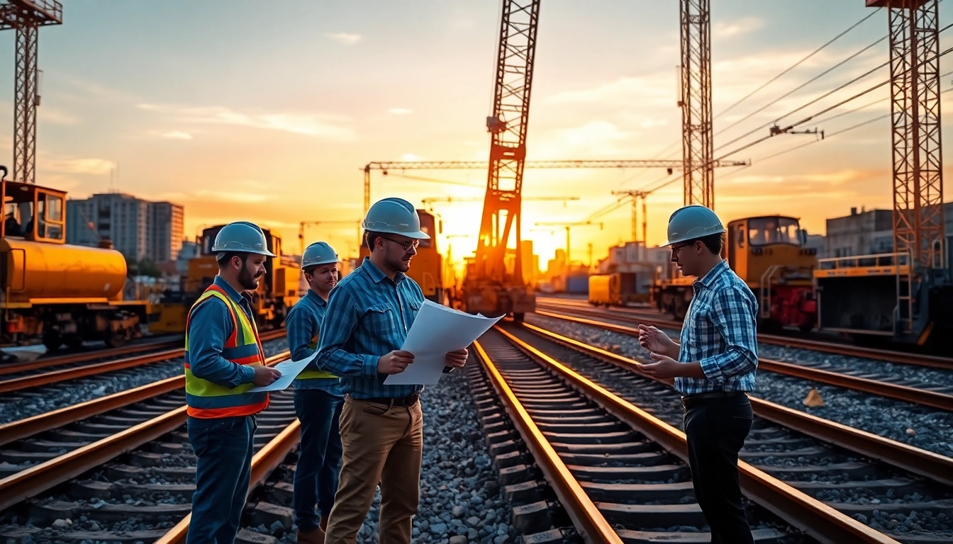 View of Railroad Contractors Near Me collaborating on a construction site with heavy machinery.