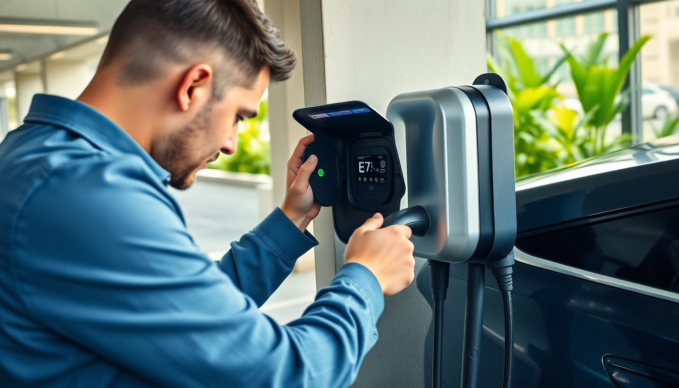 Technician performing EV Charging Installation on a sleek charger in a vibrant urban environment.