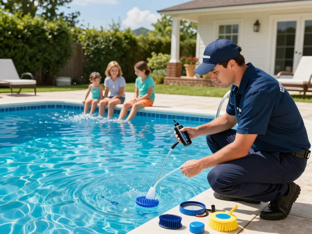 Dolphin Pool Services technician inspecting a clean pool with family enjoying the surroundings, highlighting quality pool maintenance.