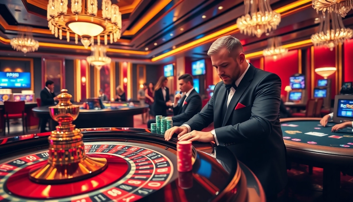 Experience high-stakes gameplay at RR88 with vibrant casino scenes and thrilling action.