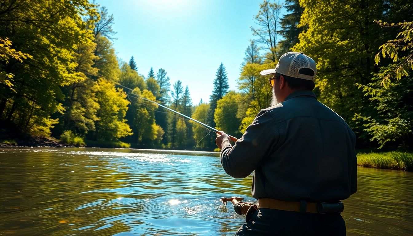 Angler casting line while enjoying fly fishing gifts in a serene river setting.