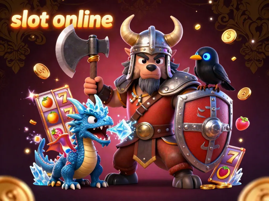 Experience slot online excitement with a Viking warrior, dragon, and vibrant slot reels in a detailed 3D scene.
