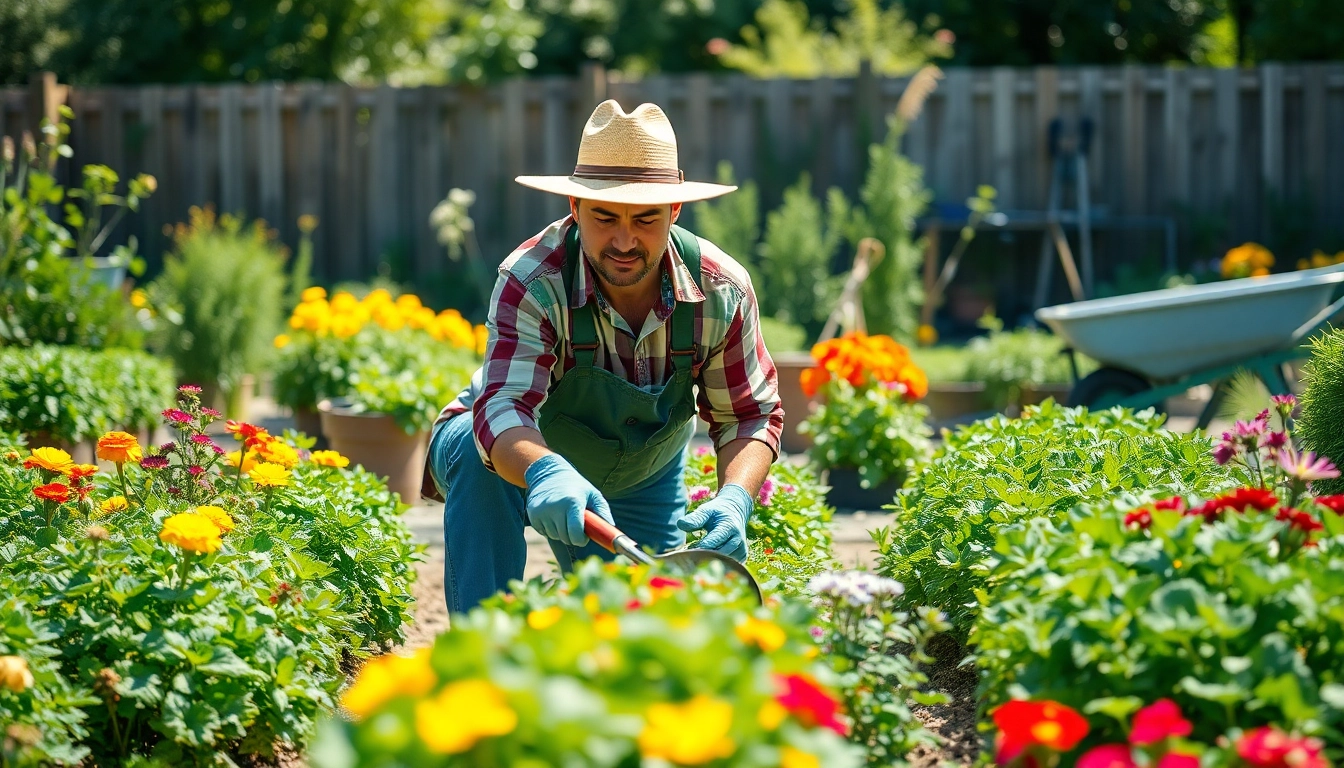 Gardening: A gardener nurturing plants in a bright vegetable garden, showcasing vibrant colors.