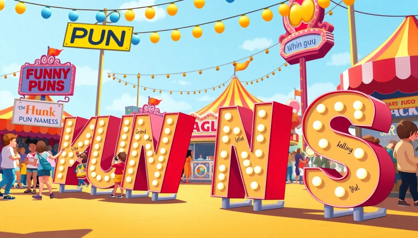 Enjoy creative displays of funny pun names with joyful characters and vibrant settings.