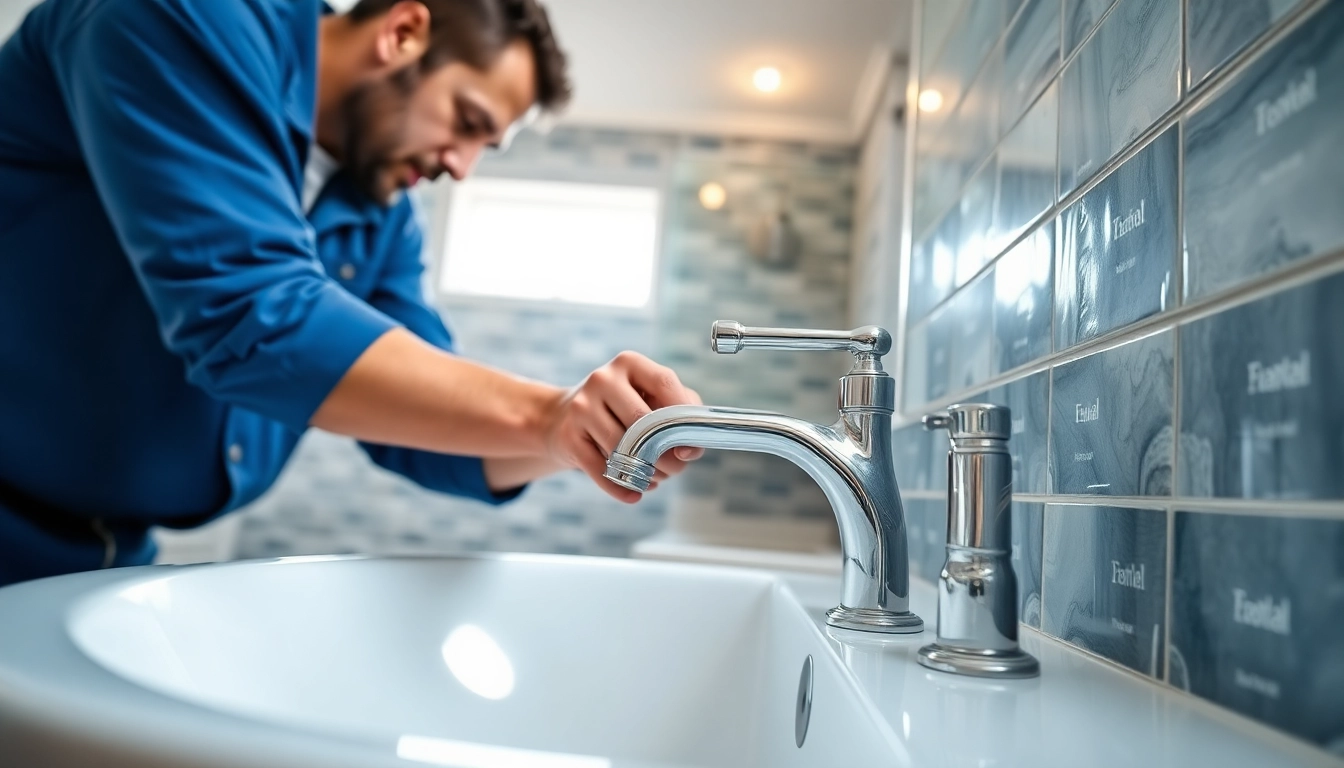Sonni sanitär GmbH zeigt einen Klempner, der fachmännisch einen modernen Wasserhahn installiert.