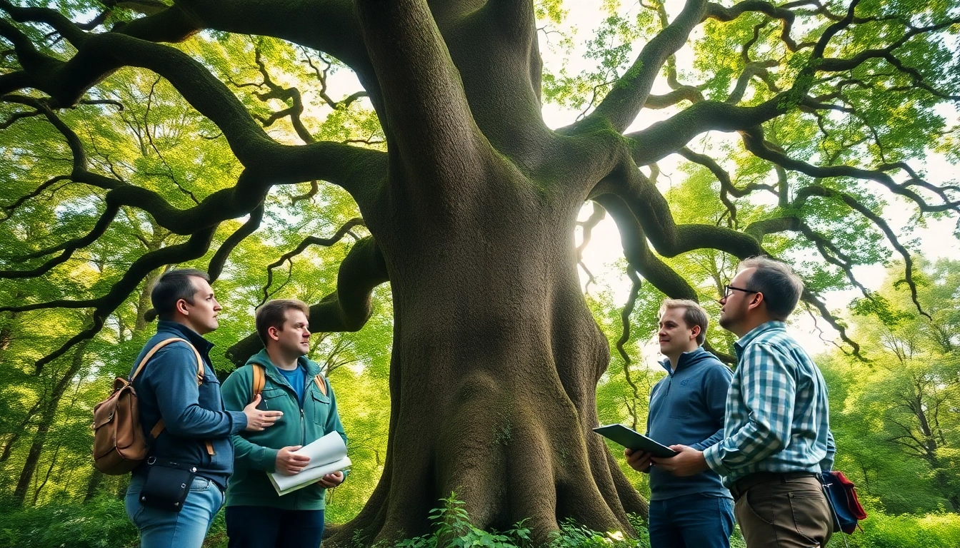 Black Mountain Tree Consultancy team evaluating a healthy oak tree in a vibrant forest setting.