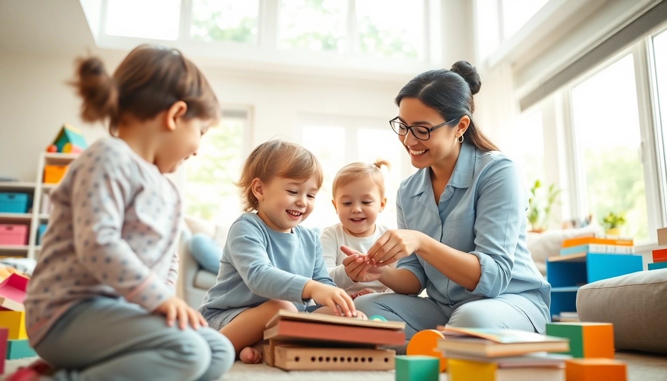 Find a Nanny in Dubai providing caring interaction with children in a bright living room