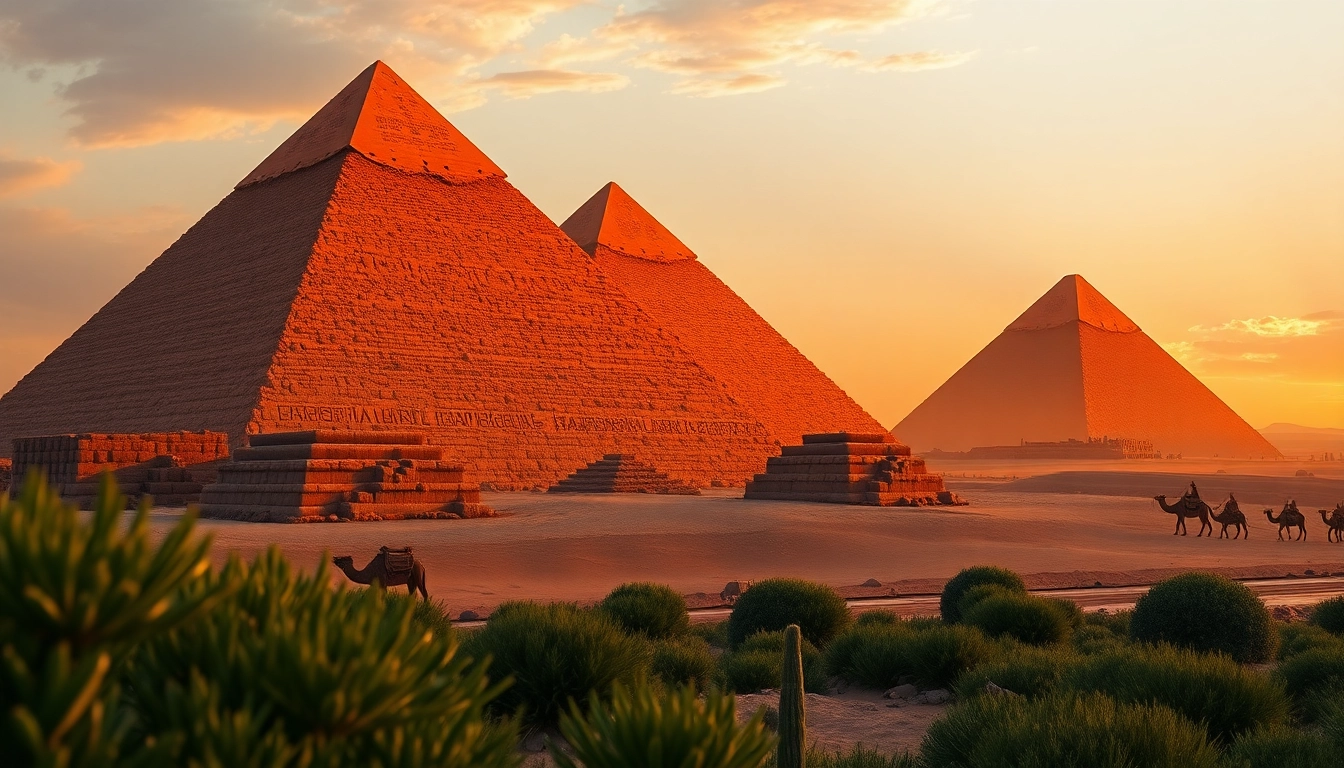 Witness the majestic piraminds under a vibrant sunset, surrounded by lush desert scenery.