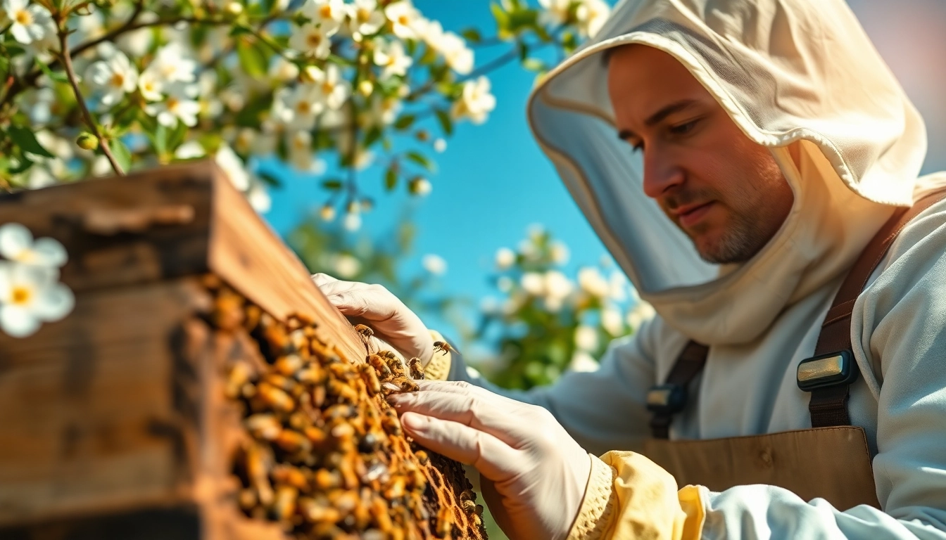 Engage with expert bee removal service using professional tools in a vibrant garden setting.