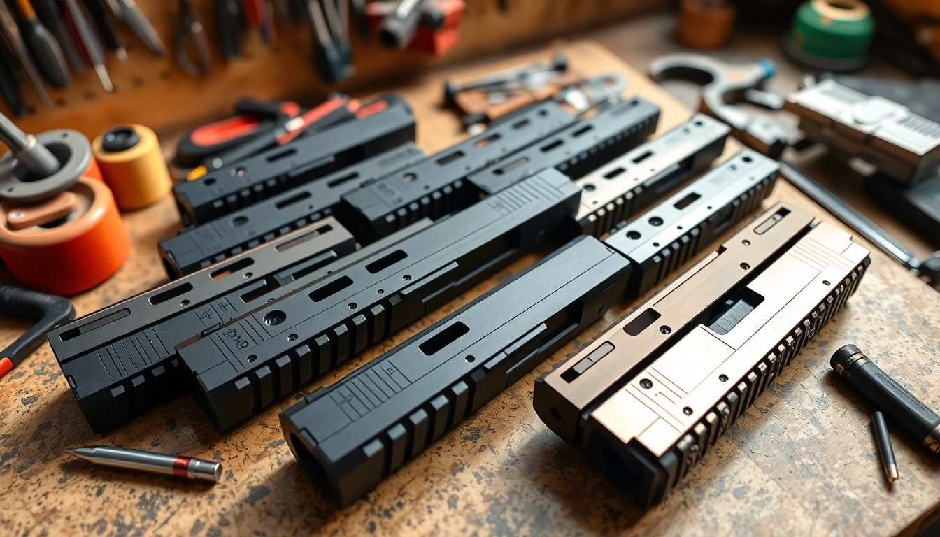 Explore glock slides showcasing intricate designs and finishes on a workshop table with tools.