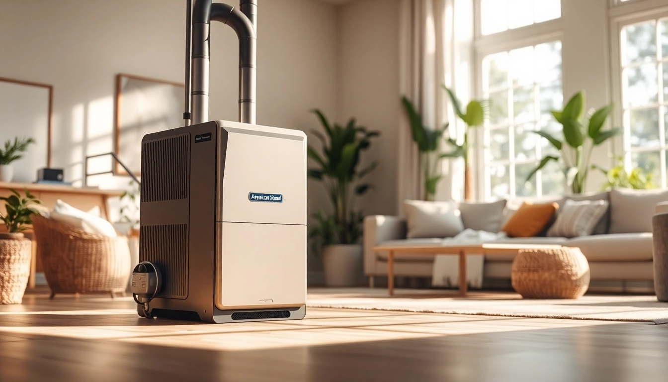 View of an American Standard furnace Canada highlighting its sleek design in a cozy home setting.