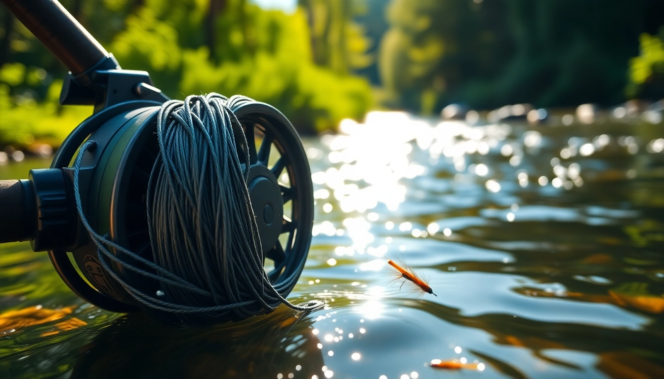 Fly fishing line elegantly wound on a reel, showcasing its detailed texture in a tranquil river setting.