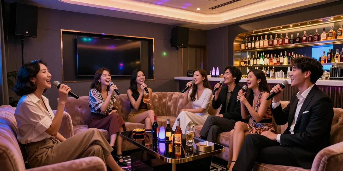 강남쩜오 프리미엄 노래방의 고급스러운 분위기 속에서 친구들이 즐기는 모습