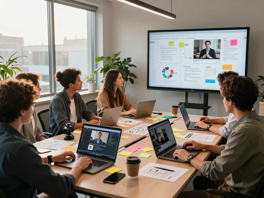 Collaborative team reviewing video to prompt AI analysis in a bright office space.