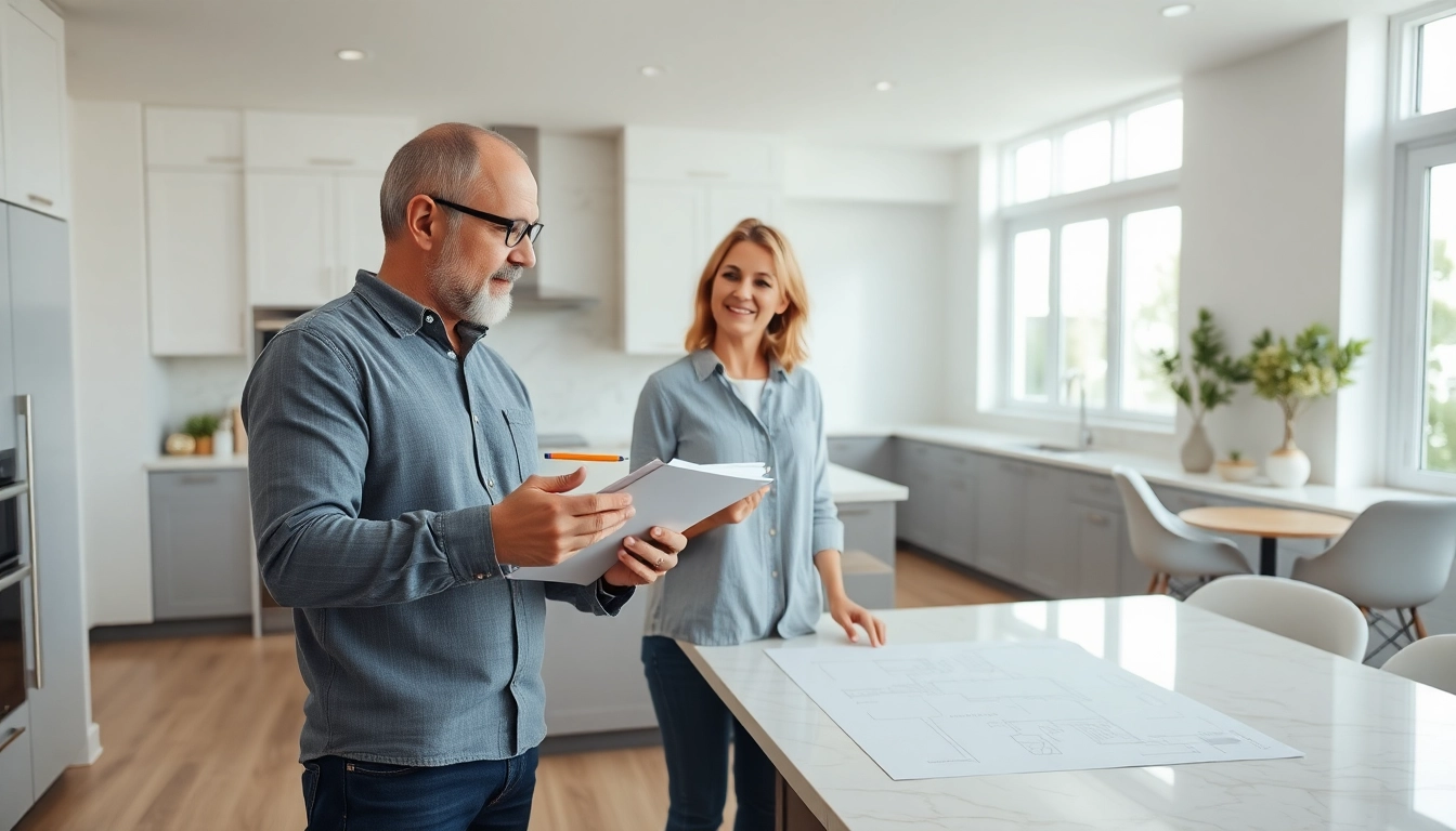 Remodeling Contractor discussing renovation plans in a bright, modern kitchen.