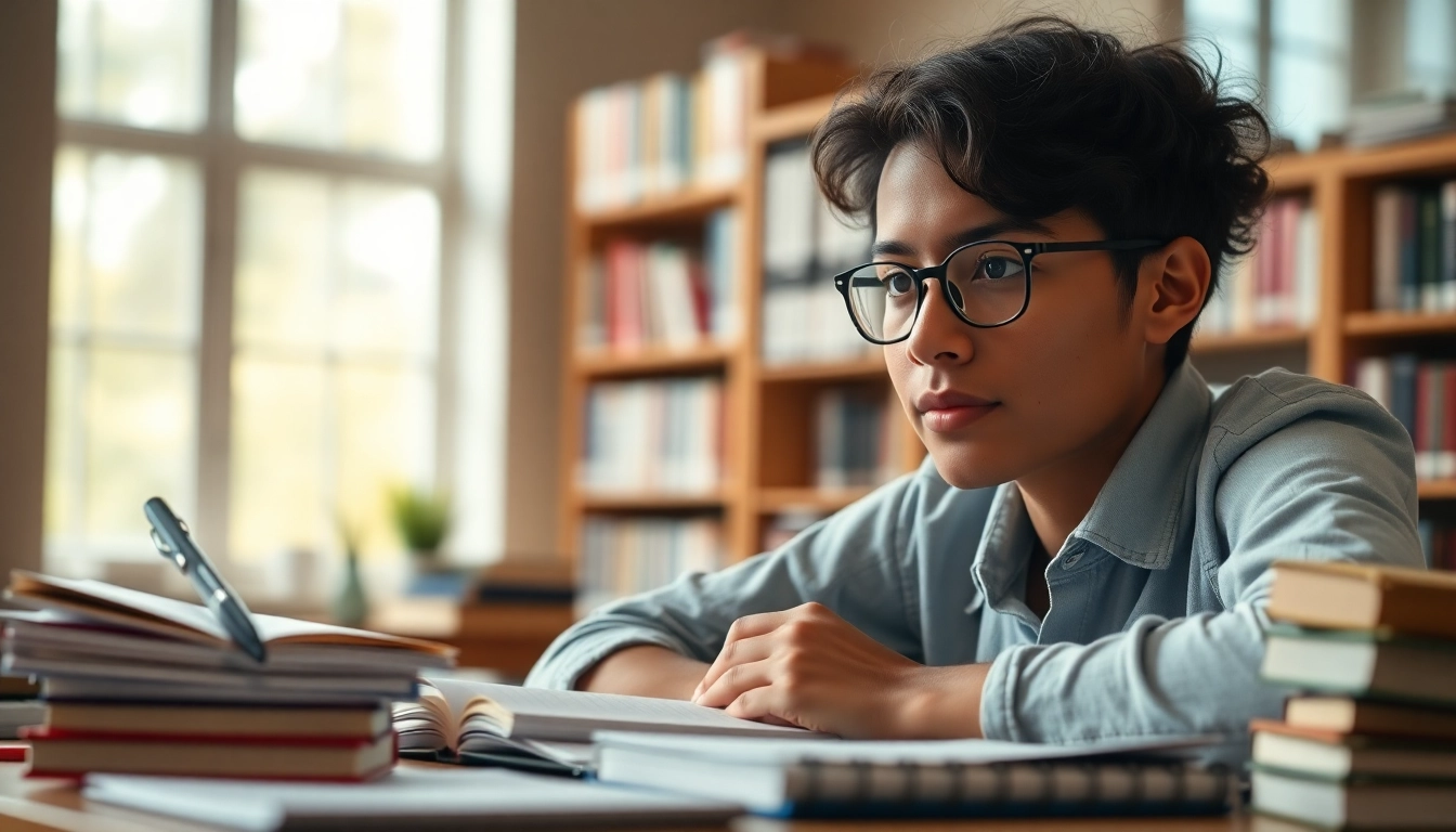Accesând https://lucrari-licenta.net, un student dedicat studiază lucrări de licență într-o bibliotecă.